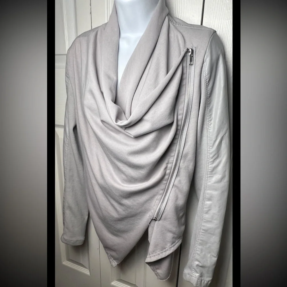 BL^NK NYC Gray Jacket Faux Leather Vegan Knit Moto Asymmetrical Zip Drapey